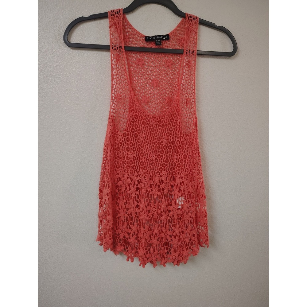 Living Doll Los Angeles Coral‎ Pink Crochet Knit Tank Top Racerback Boho S/M
